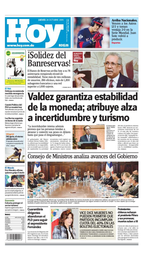 Portada Periódico Hoy, Jueves 24 de Octubre, 2019