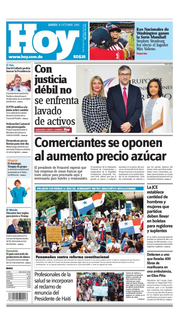 Portada Periódico Hoy, Jueves 31 de Octubre, 2019