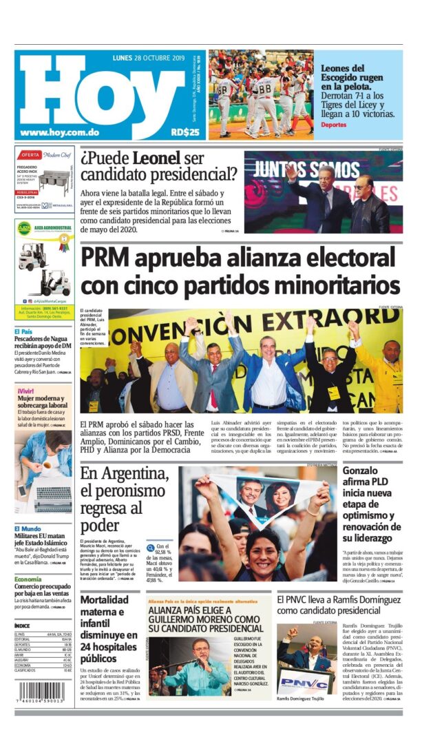 Portada Periódico Hoy, Lunes 28 de Octubre, 2019