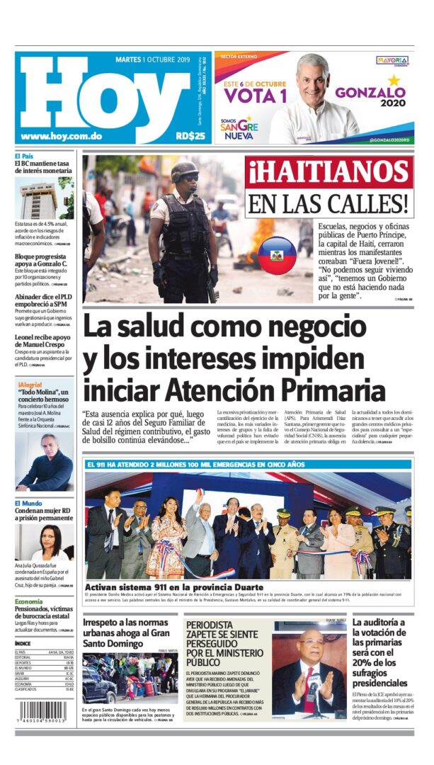 Portada Periódico Hoy, Martes 01 de Octubre, 2019