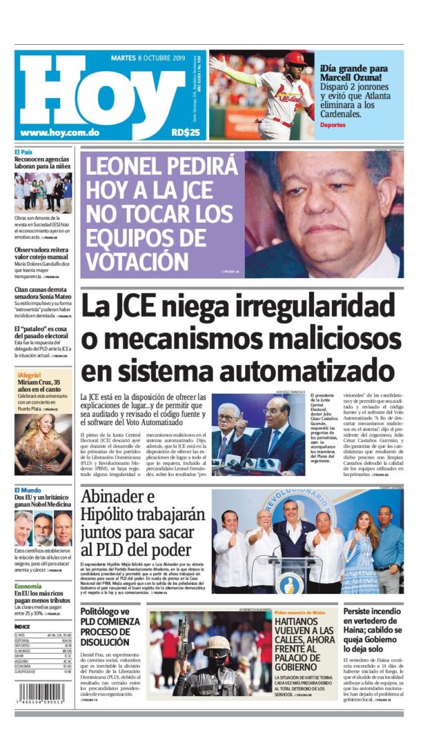 Portada Periódico Hoy, Martes 06 de Octubre, 2019