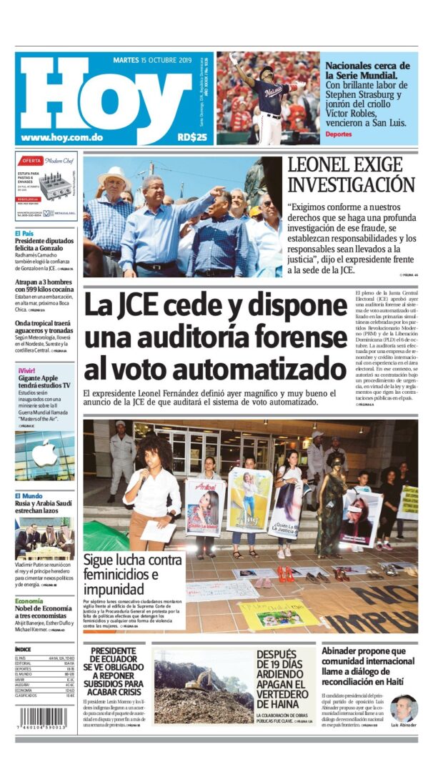 Portada Periódico Hoy, Martes 15 de Octubre, 2019