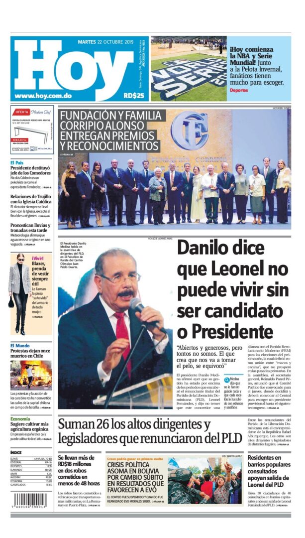 Portada Periódico Hoy, Martes 22 de Octubre, 2019