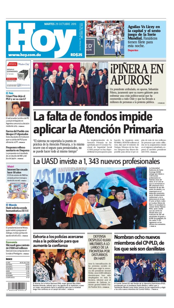 Portada Periódico Hoy, Martes 29 de Octubre, 2019