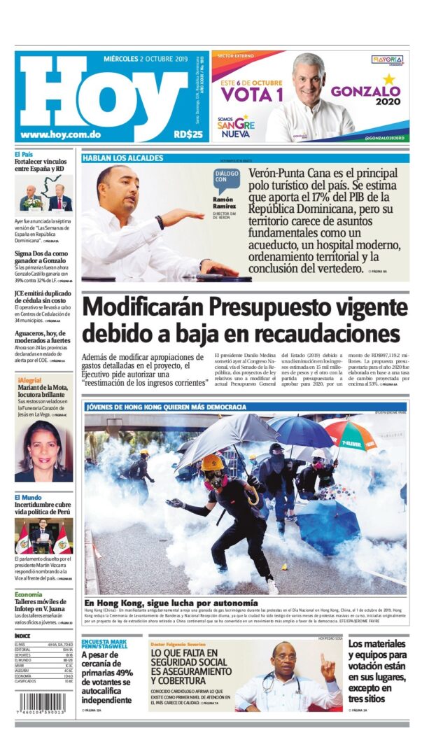 Portada Periódico Hoy, Miércoles 02 de Octubre, 2019