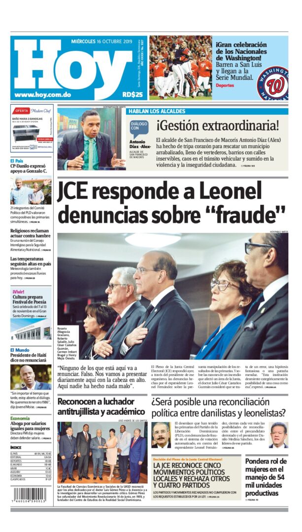 Portada Periódico Hoy, Miércoles 16 de Octubre, 2019