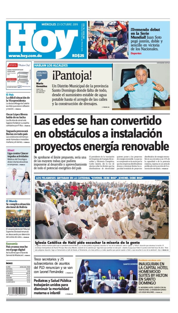 Portada Periódico Hoy, Miércoles 23 de Octubre, 2019