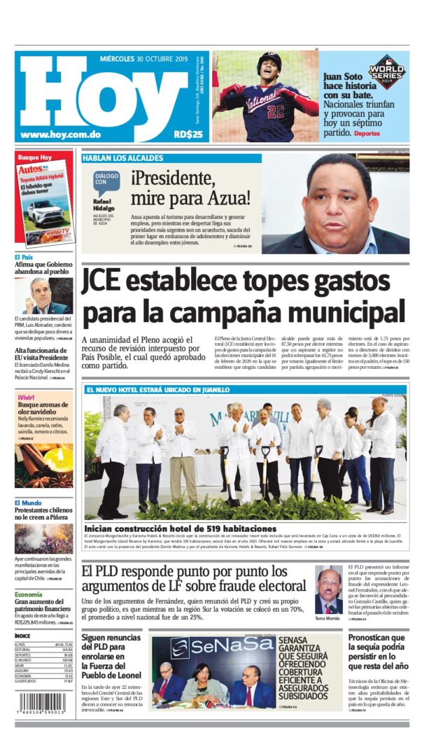 Portada Periódico Hoy, Miércoles 30 de Octubre, 2019