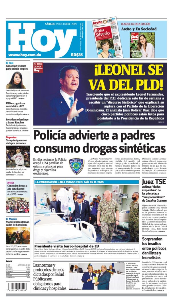 Portada Periódico Hoy, Sábado 19 de Octubre, 2019