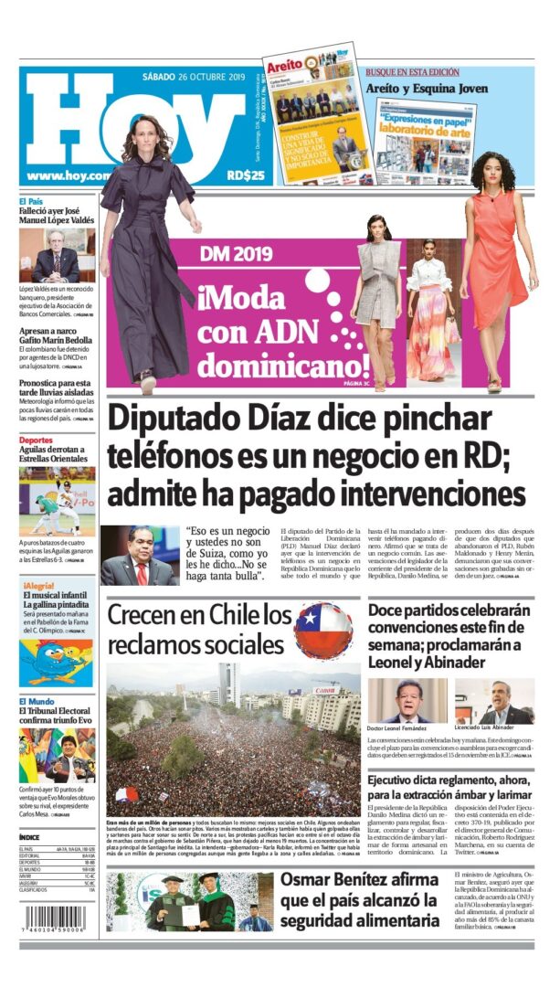 Portada Periódico Hoy, Sábado 26 de Octubre, 2019
