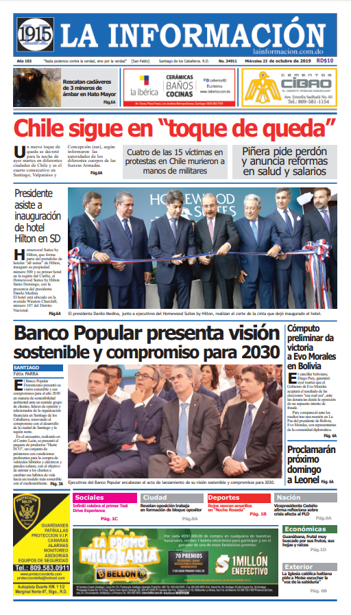Portada Periódico La Información, Miércoles 23 de Octubre, 2019