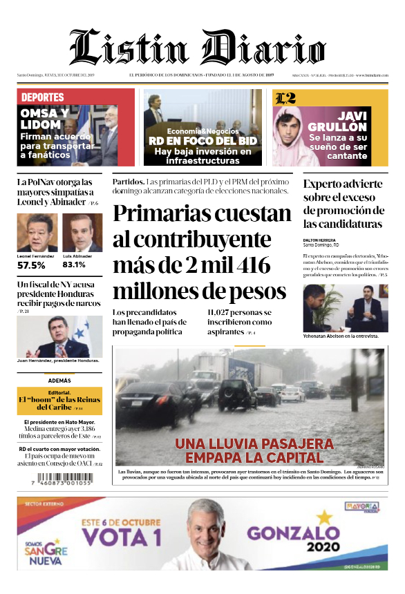 Portada Periódico Listín Diario, Jueves 03 de Octubre, 2019