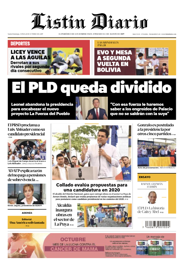 Portada Periódico Listín Diario, Lunes 21 de Octubre, 2019