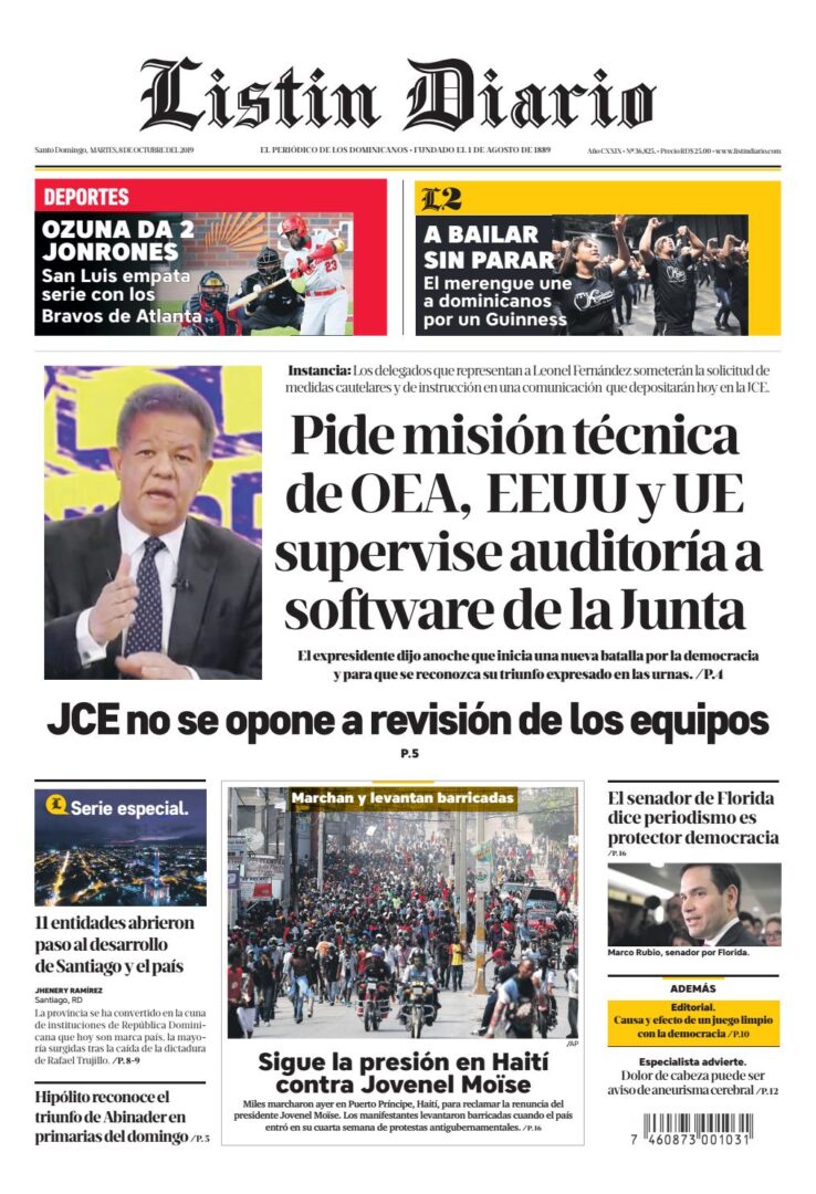 Portada Periódico Listín Diario, Martes 06 de Octubre, 2019