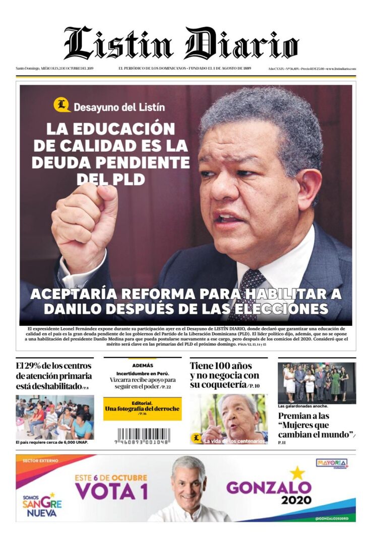 Portada Periódico Listín Diario, Miércoles 02 de Octubre, 2019