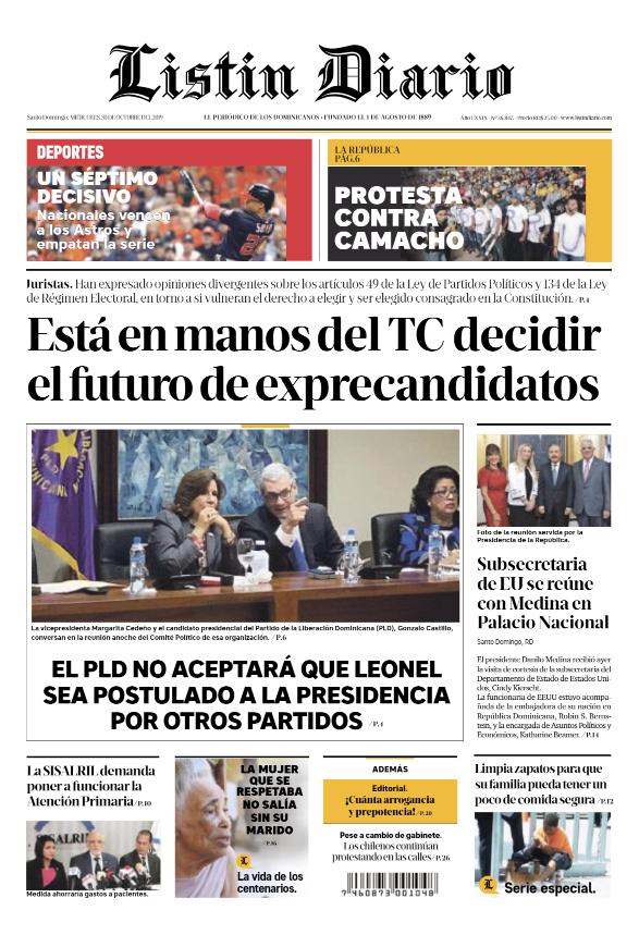 Portada Periódico Listín Diario, Miércoles 30 de Octubre, 2019