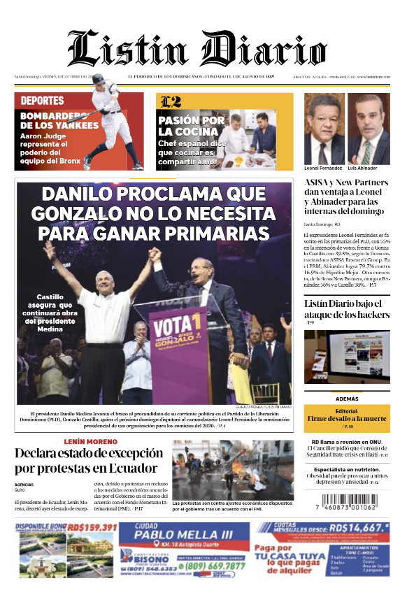 Portada Periódico Listín Diario, Viernes 04 de Octubre, 2019