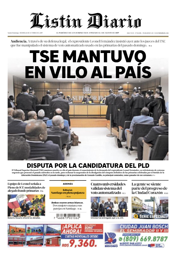 Portada Periódico Listín Diario, Viernes 09 de Octubre, 2019