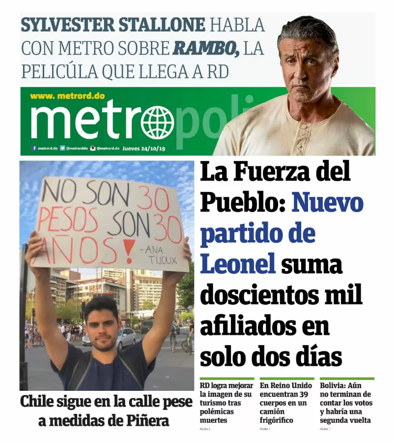 Portada Periódico Metro, Jueves 24 de Octubre, 2019