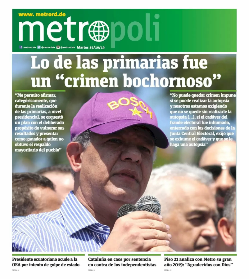 Portada Periódico Metro, Martes 15 de Octubre, 2019