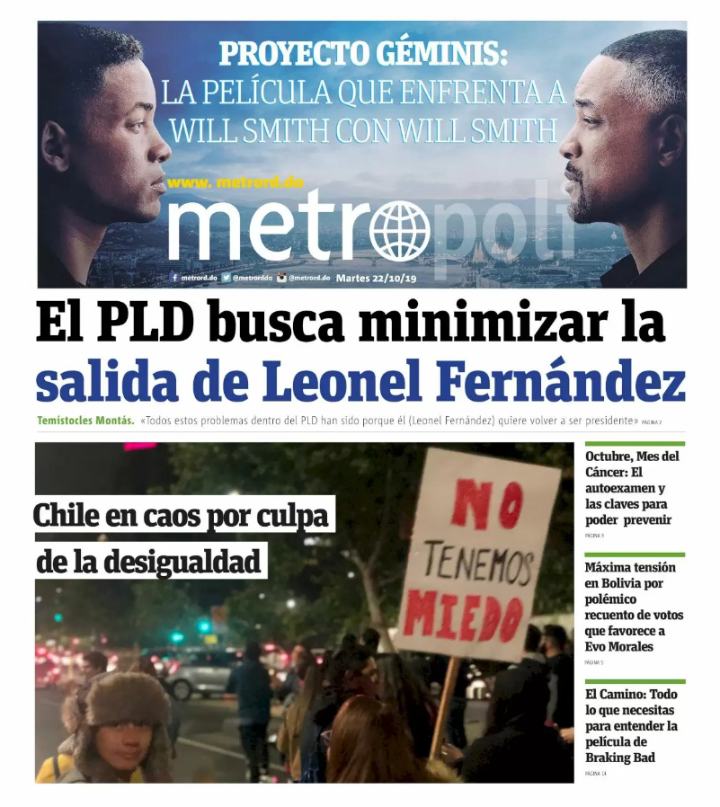 Portada Periódico Metro, Martes 22 de Octubre, 2019