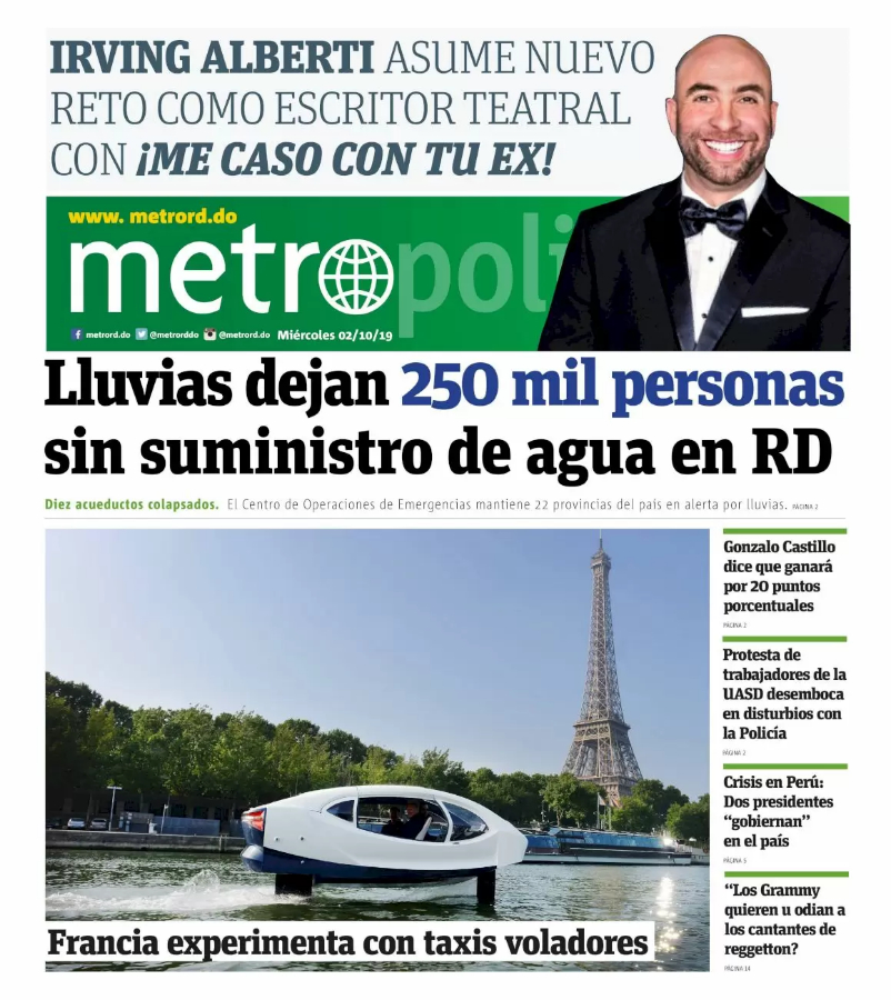 Portada Periódico Metro, Miércoles 02 de Octubre, 2019