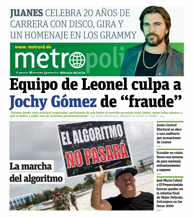 Portada Periódico Metro, Miércoles 07 de Octubre, 2019