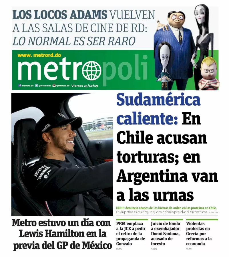 Portada Periódico Metro, Viernes 25 de Octubre, 2019