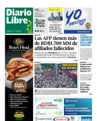 Portada Periódico Diario Libre, Domingo 13 de Octubre, 2019