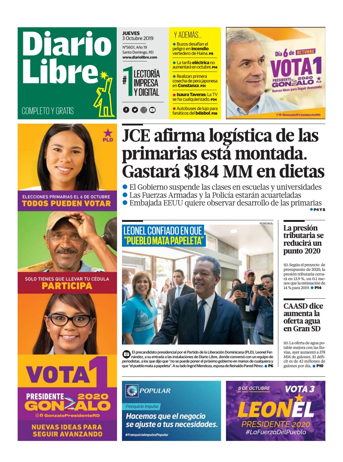 Portada Periódico Diario Libre, Jueves 03 de Octubre, 2019