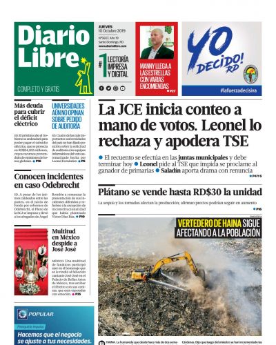 Portada Periódico Diario Libre, Jueves 08 de Octubre, 2019