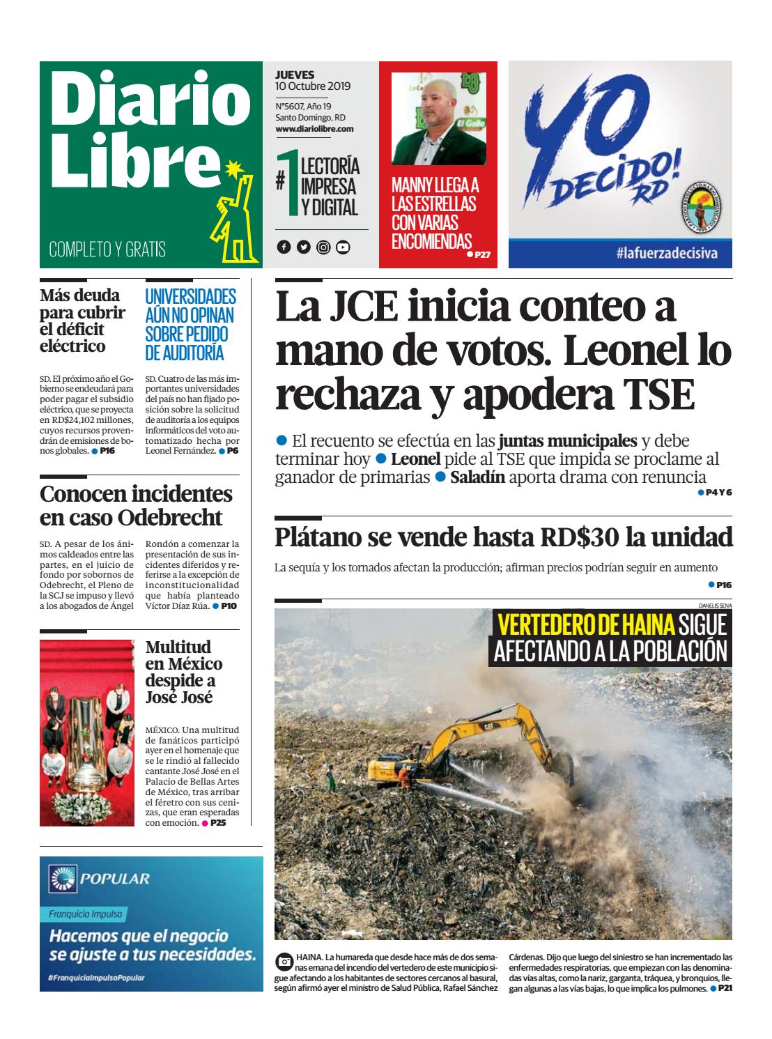 Portada Periódico Diario Libre, Jueves 08 de Octubre, 2019