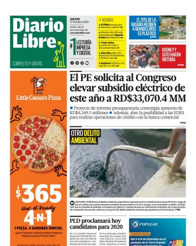 Portada Periódico Diario Libre, Jueves 17 de Octubre, 2019