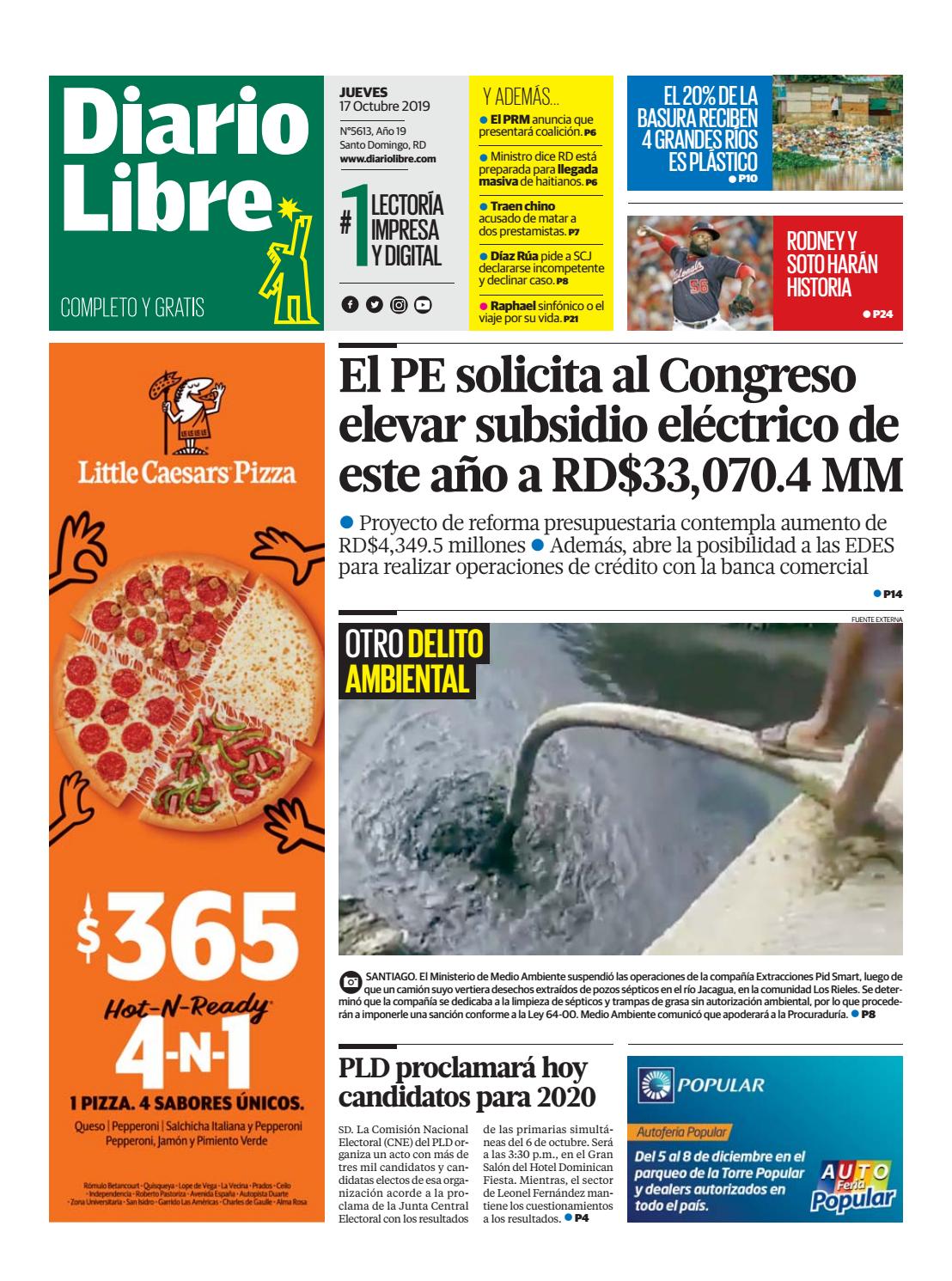 Portada Periódico Diario Libre, Jueves 17 de Octubre, 2019