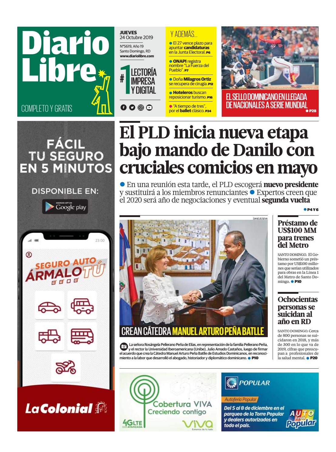 Portada Periódico Diario Libre, Jueves 24 de Octubre, 2019