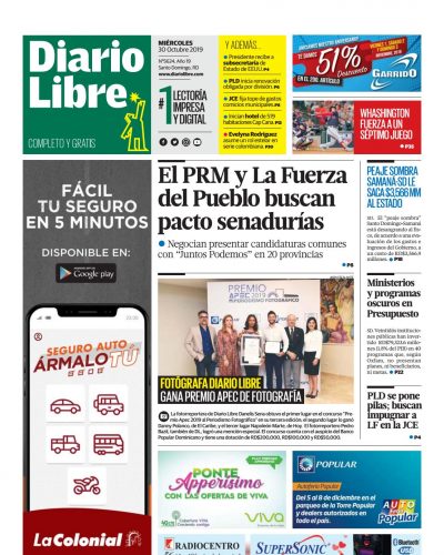 Portada Periódico Diario Libre, Jueves 31 de Octubre, 2019