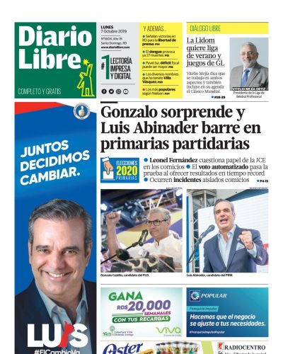 Portada Periódico Diario Libre, Lunes 05 de Octubre, 2019