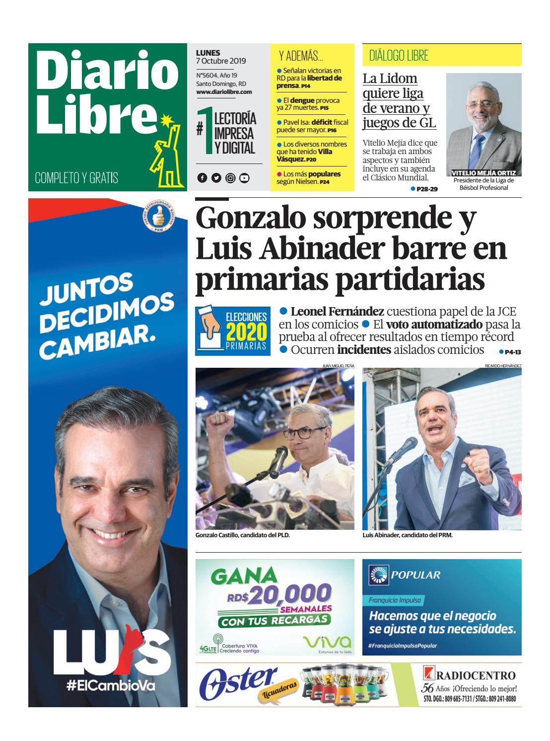 Portada Periódico Diario Libre, Lunes 05 de Octubre, 2019