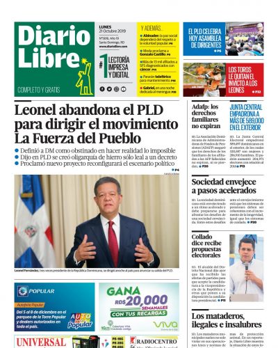 Portada Periódico Diario Libre, Lunes 21 de Octubre, 2019