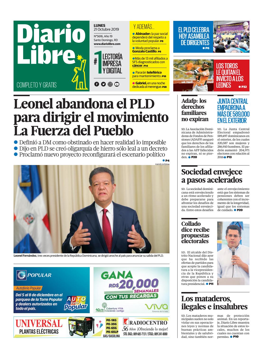 Portada Periódico Diario Libre, Lunes 21 de Octubre, 2019