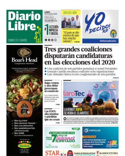 Portada Periódico Diario Libre, Lunes 28 de Octubre, 2019