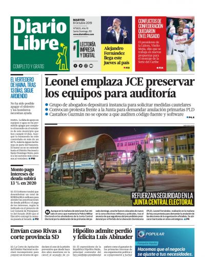 Portada Periódico Diario Libre, Martes 06 de Octubre, 2019