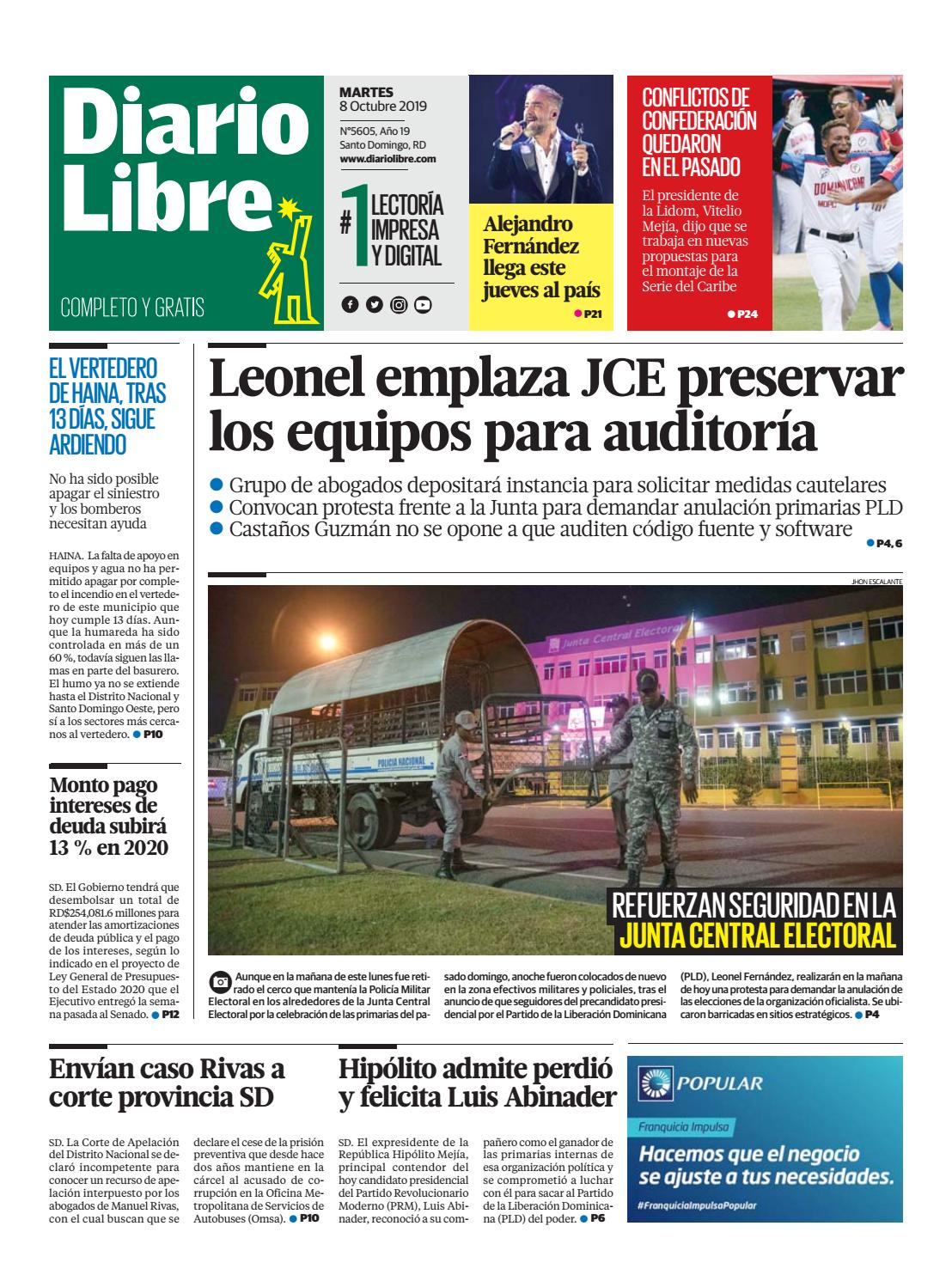 Portada Periódico Diario Libre, Martes 06 de Octubre, 2019