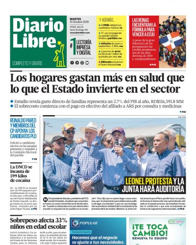 Portada Periódico Diario Libre, Martes 15 de Octubre, 2019