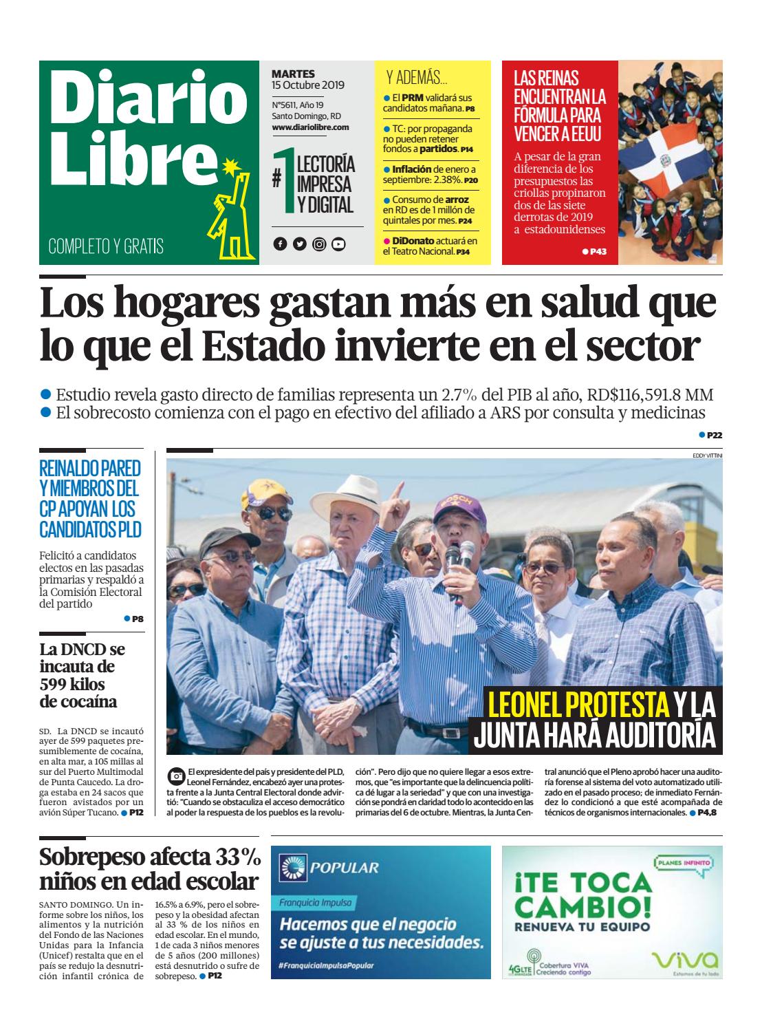 Portada Periódico Diario Libre, Martes 15 de Octubre, 2019 Portada Periódico Diario Libre, Martes 15 de Octubre, 2019