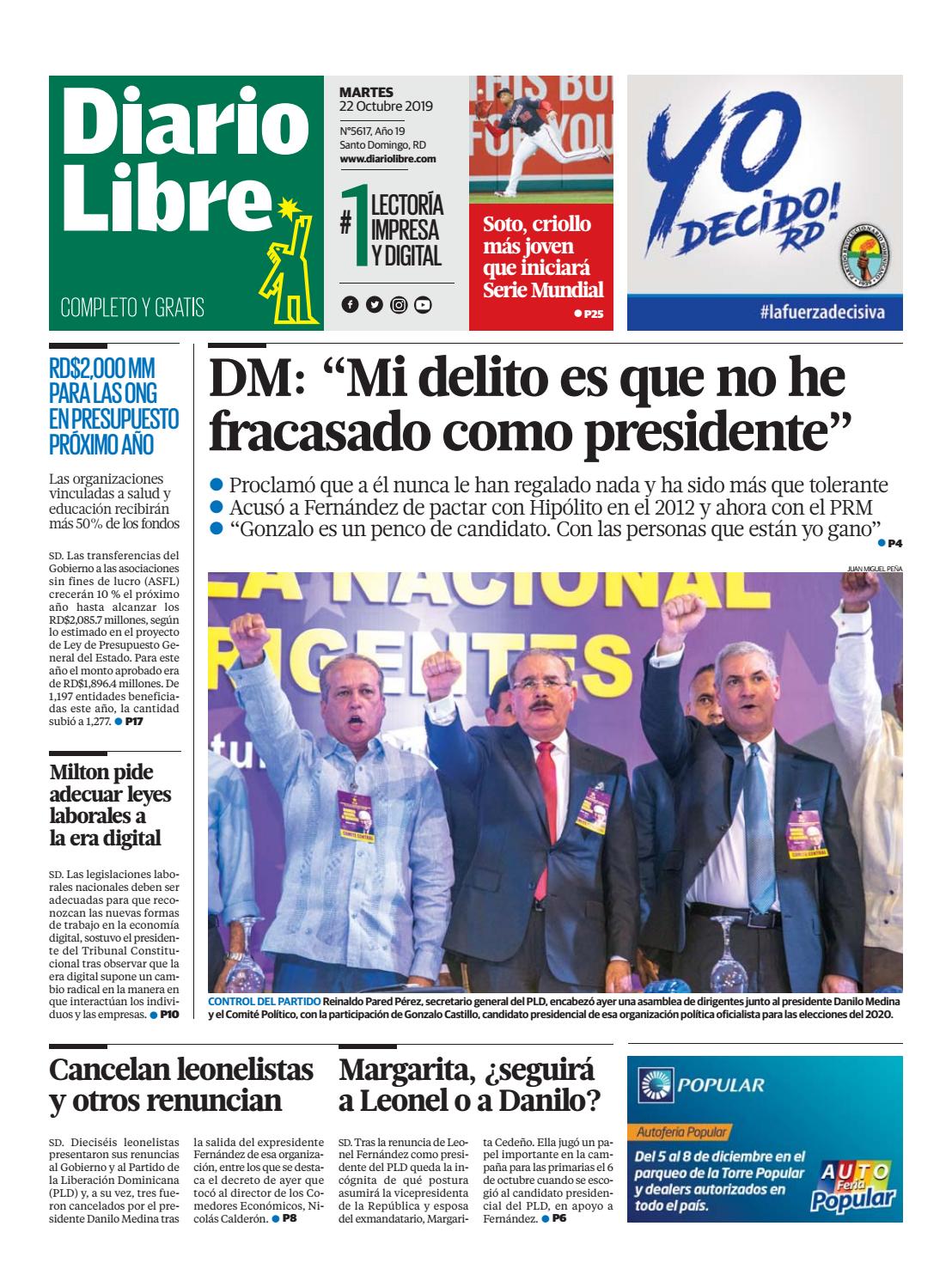 Portada Periódico Diario Libre, Martes 22 de Octubre, 2019