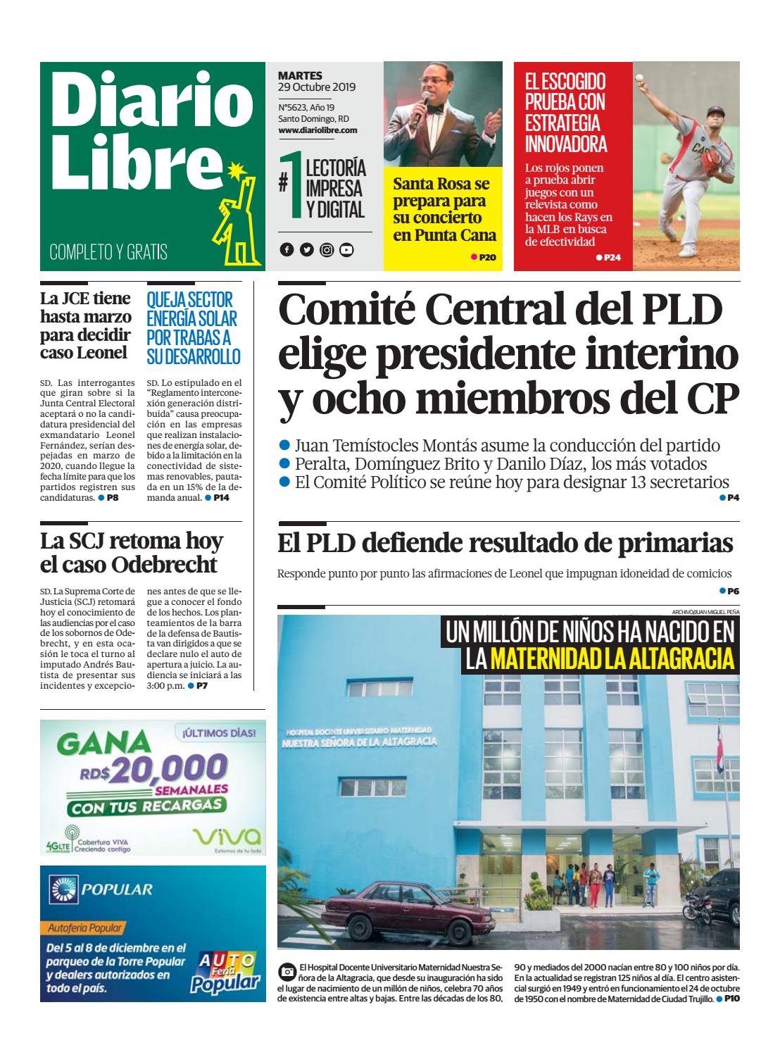 Portada Periódico Diario Libre, Martes 29 de Octubre, 2019