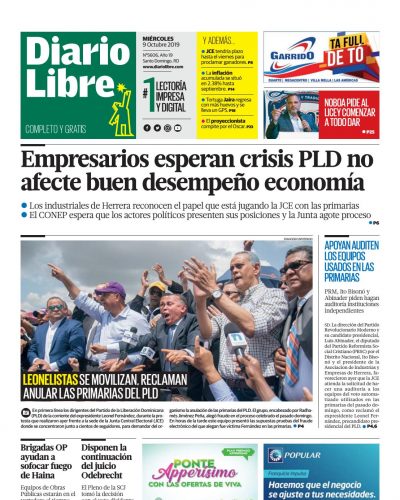Portada Periódico Diario Libre, Miércoles 07 de Octubre, 2019