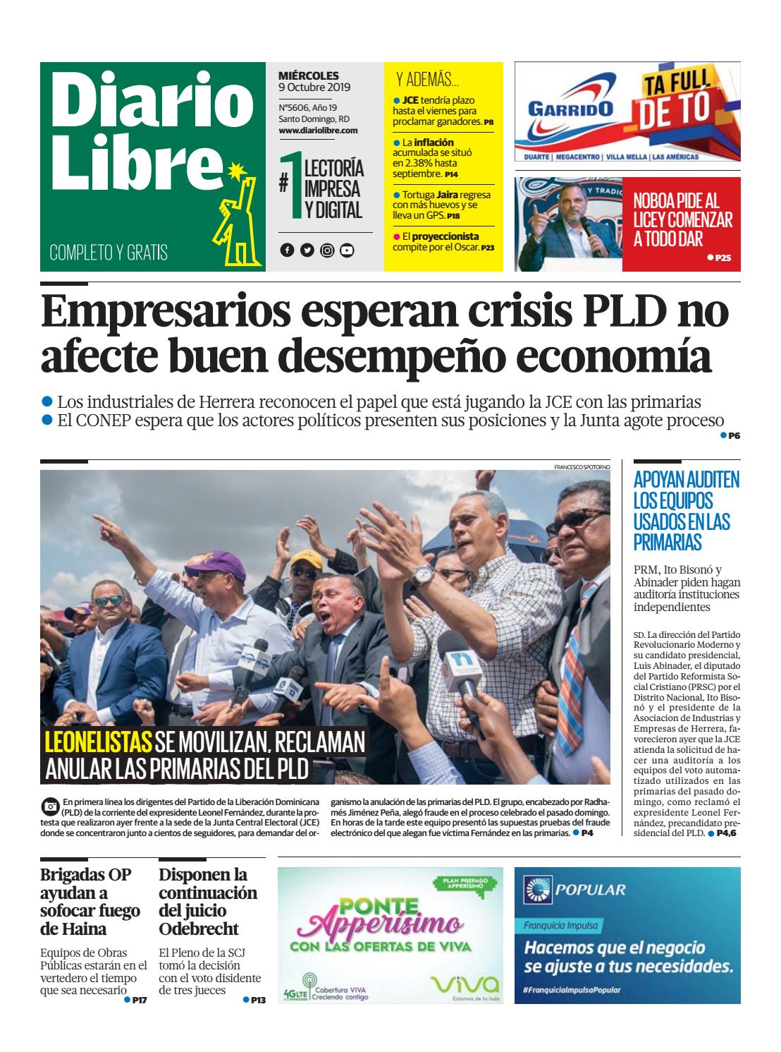 Portada Periódico Diario Libre, Miércoles 07 de Octubre, 2019