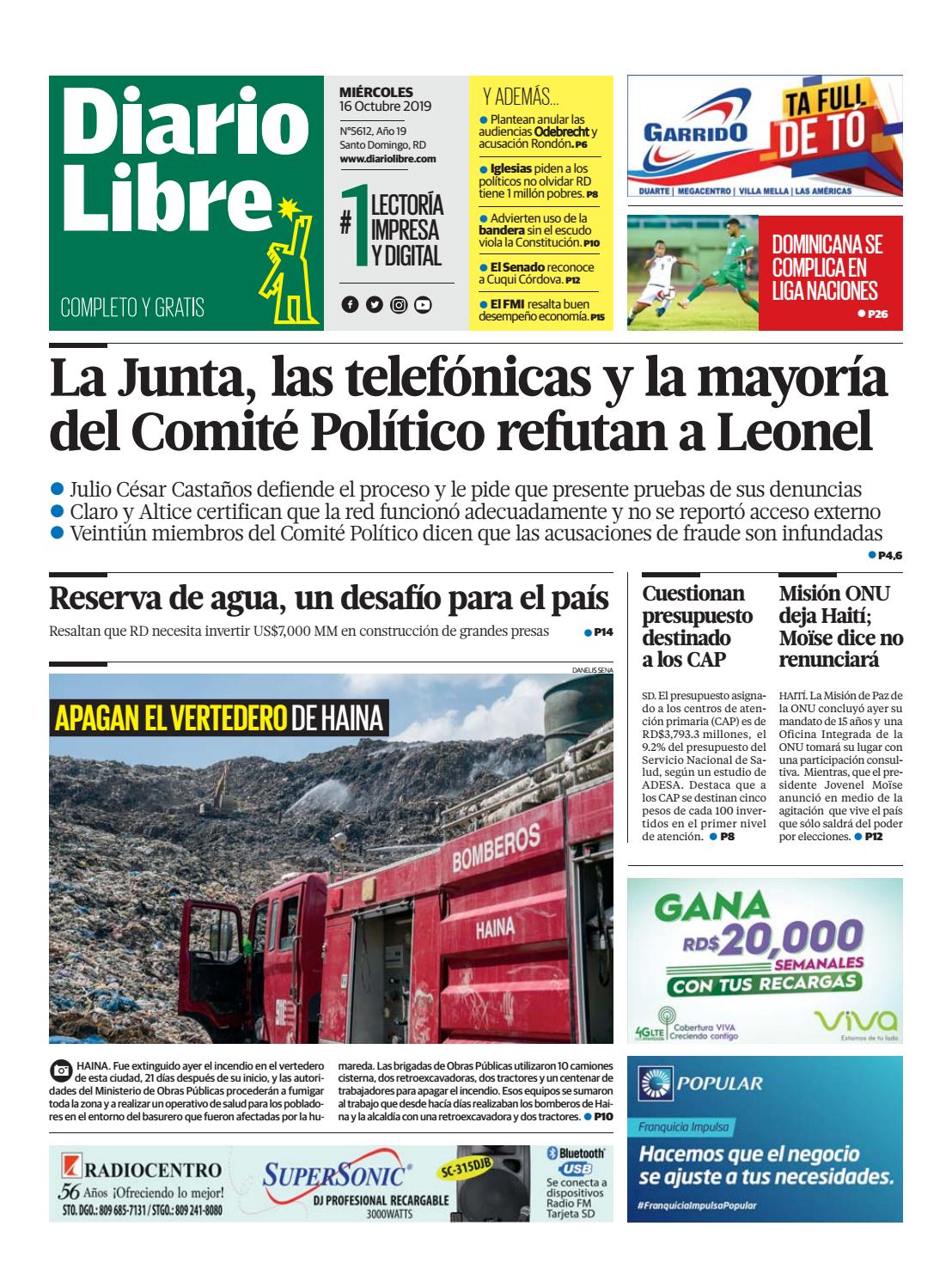 Portada Periódico Diario Libre, Miércoles 16 de Octubre, 2019